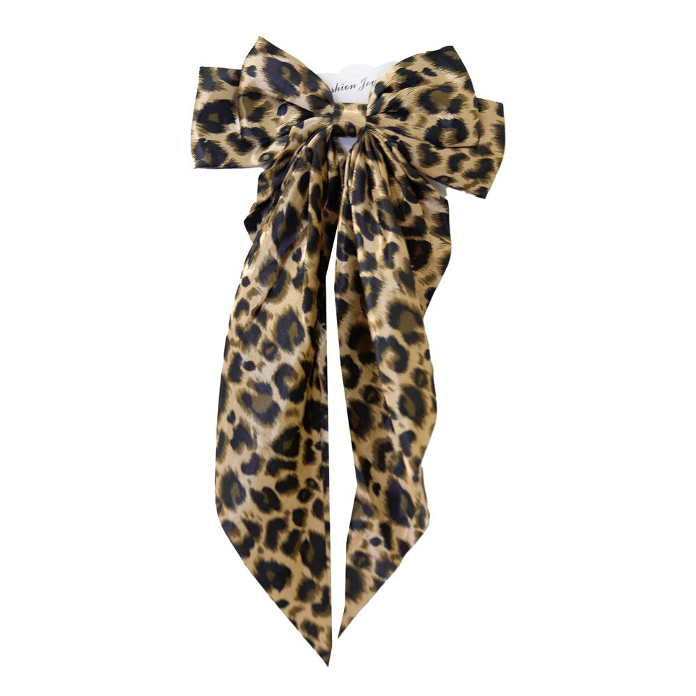 Long Tail Satin Hair Bow - Leopard