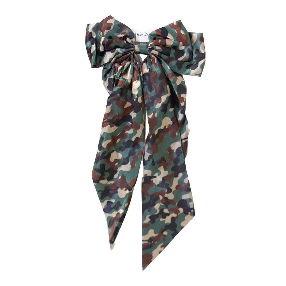 Long Tail Satin Hair Bow - Camo