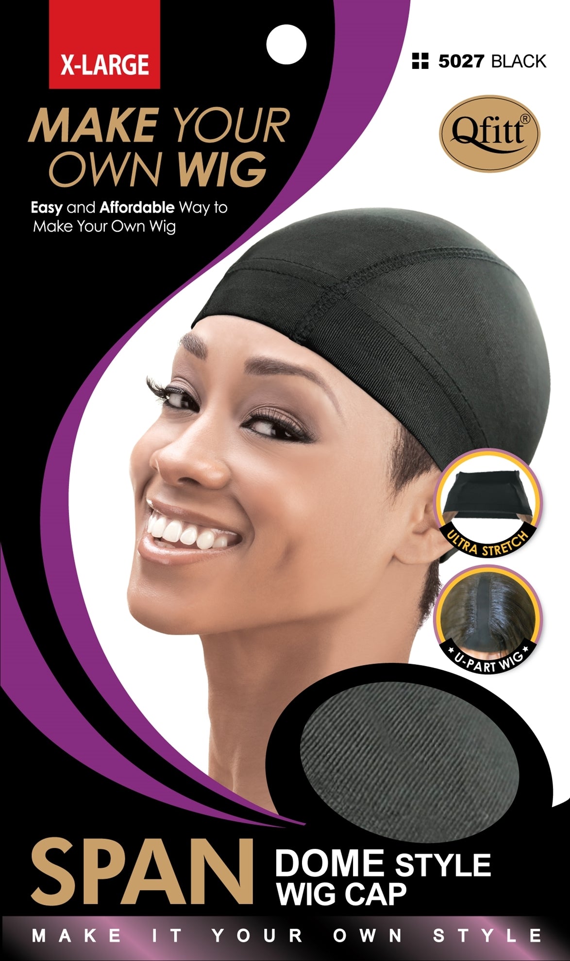 Qfitt Spandex Dome Style X-Large Wig Cap #5027 Black