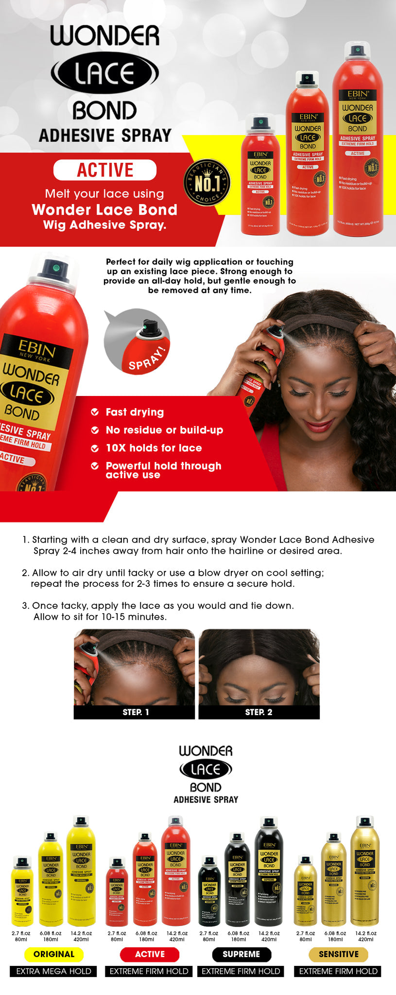 EBIN Wonder Lace Wig Bond Adhesive Spray - Active 2.7oz