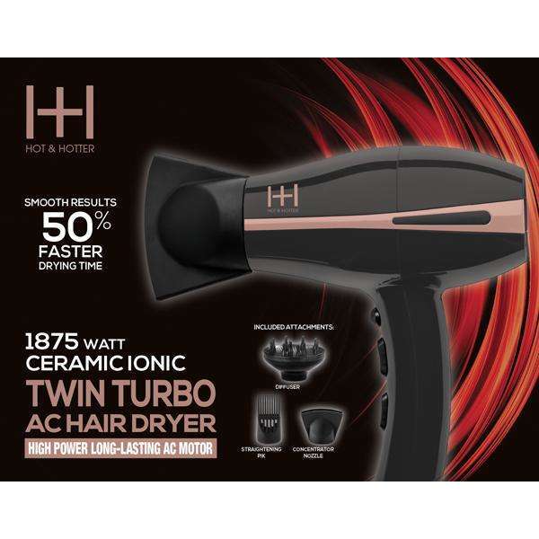 Hot & Hotter Ceramic Ionic Twin Turbo AC Hair Dryer 1875W #5905