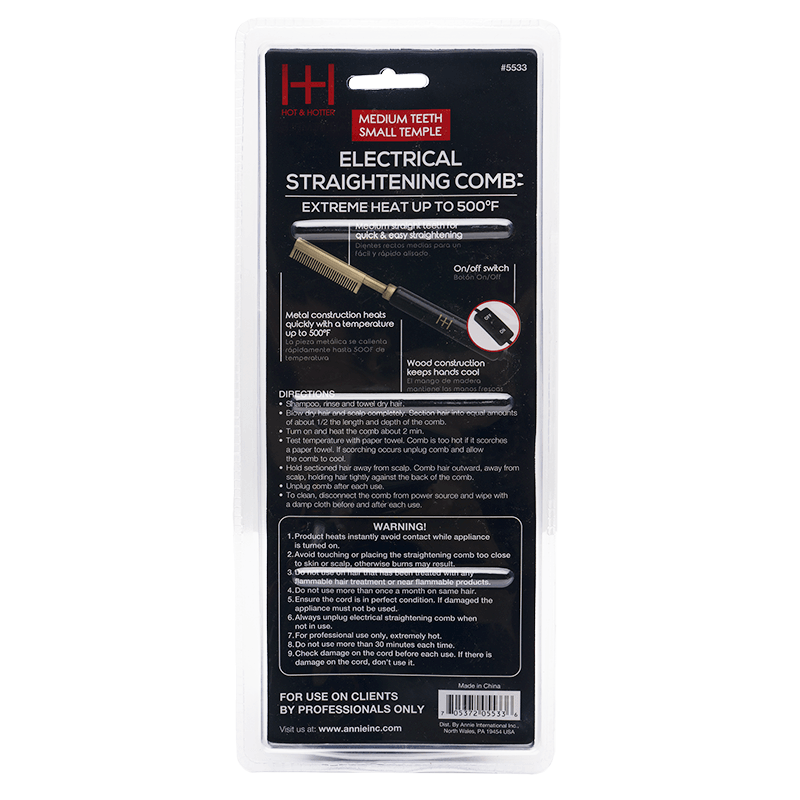 Hot & Hotter Electrical Straightening Comb Medium Teeth w/ Small Temple Head #5533